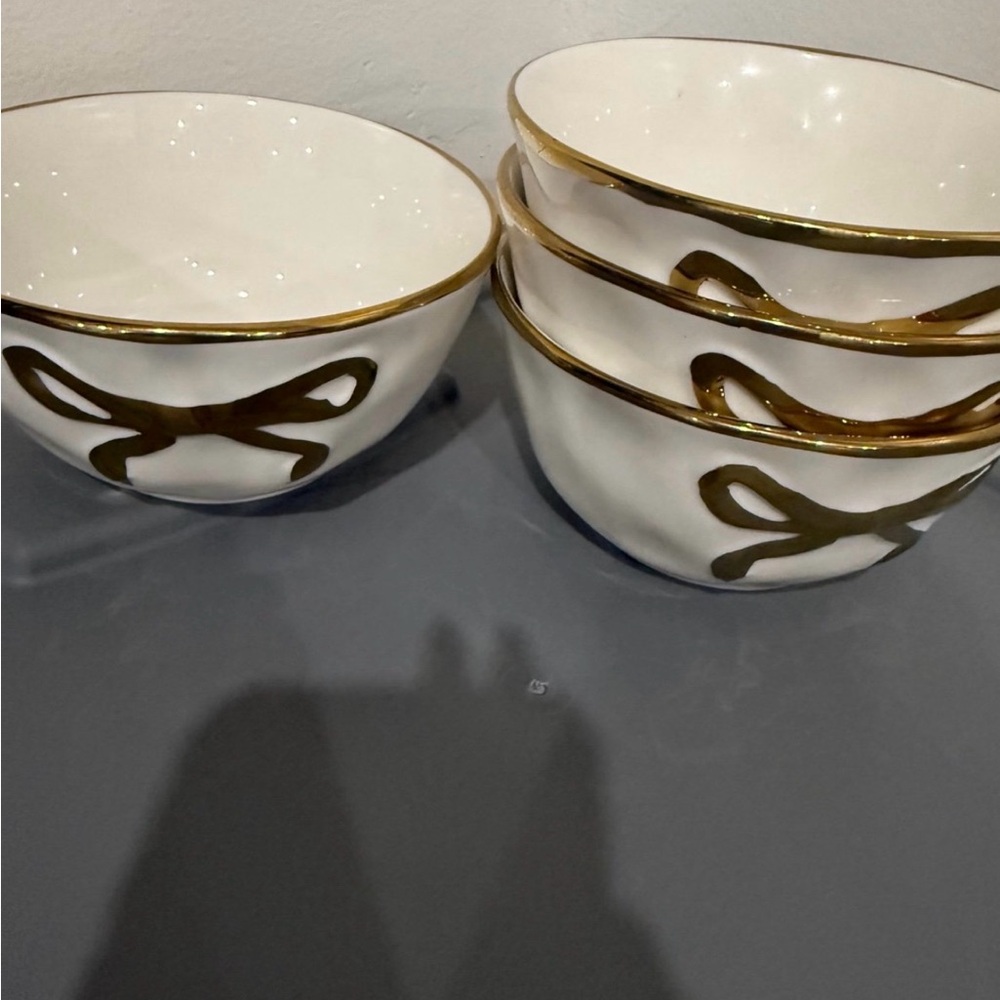 White Ceramic Bowls with Gold Ribbon Accent - Set of 4